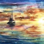 Beautiful watercolor sea landscape illustration with sunset, sky and clouds, ship, vessel, boat in ocean, water reflections and waves, hand drawn seascape painting with yacht silhouette over horizon.
