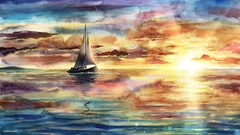 Beautiful watercolor sea landscape illustration with sunset, sky and clouds, ship, vessel, boat in ocean, water reflections and waves, hand drawn seascape painting with yacht silhouette over horizon.